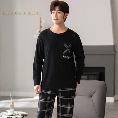 Gamintojas Rudens vyriškos medvilnės pižamos raidėmis dryžuoti miego drabužiai animacinių filmų pižamų rinkiniai laisvalaikio poilsio kostiumai pižamos didelio dydžio 3XL pižama