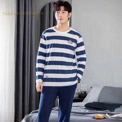 Gamintojas Rudens vyriškos medvilnės pižamos raidėmis dryžuoti miego drabužiai animacinių filmų pižamų rinkiniai laisvalaikio poilsio kostiumai pižamos didelio dydžio 3XL pižama