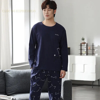 Gamintojas Rudens vyriškos medvilnės pižamos raidėmis dryžuoti miego drabužiai animacinių filmų pižamų rinkiniai laisvalaikio poilsio kostiumai pižamos didelio dydžio 3XL pižama