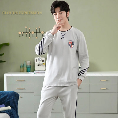 Gamintojas Rudens vyriškos medvilnės pižamos raidėmis dryžuoti miego drabužiai animacinių filmų pižamų rinkiniai laisvalaikio poilsio kostiumai pižamos didelio dydžio 3XL pižama