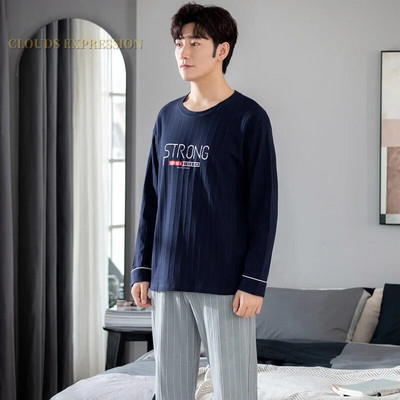 Gamintojas Rudens vyriškos medvilnės pižamos raidėmis dryžuoti miego drabužiai animacinių filmų pižamų rinkiniai laisvalaikio poilsio kostiumai pižamos didelio dydžio 3XL pižama