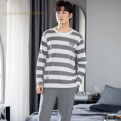 Gamintojas Rudens vyriškos medvilnės pižamos raidėmis dryžuoti miego drabužiai animacinių filmų pižamų rinkiniai laisvalaikio poilsio kostiumai pižamos didelio dydžio 3XL pižama