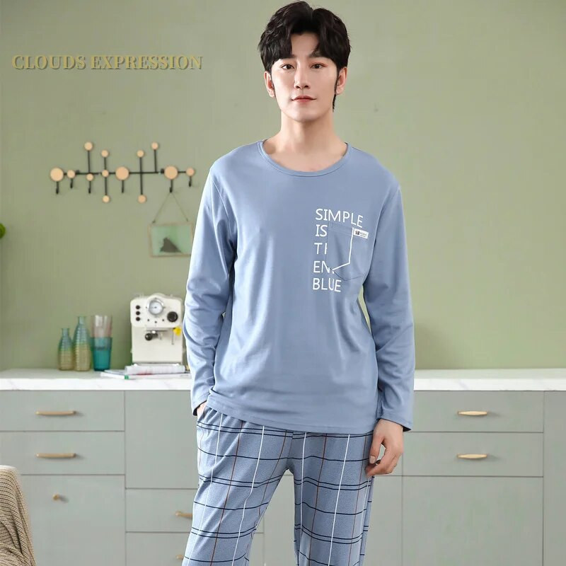 Gamintojas Rudens vyriškos medvilnės pižamos raidėmis dryžuoti miego drabužiai animacinių filmų pižamų rinkiniai laisvalaikio poilsio kostiumai pižamos didelio dydžio 3XL pižama