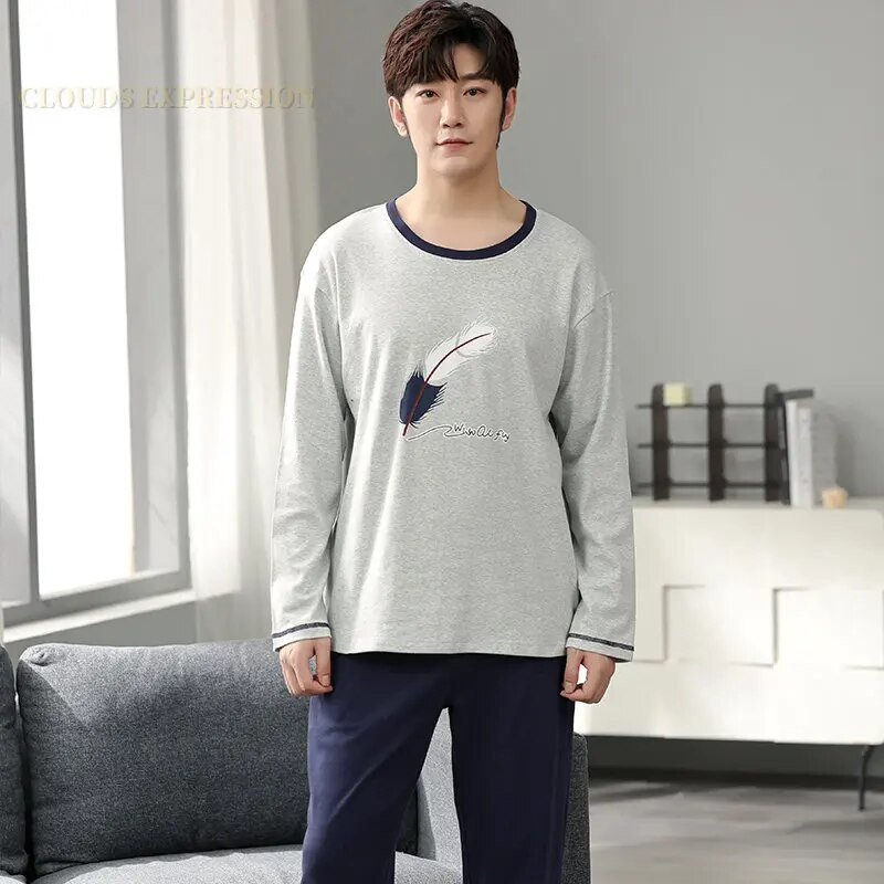 Gamintojas Rudens vyriškos medvilnės pižamos raidėmis dryžuoti miego drabužiai animacinių filmų pižamų rinkiniai laisvalaikio poilsio kostiumai pižamos didelio dydžio 3XL pižama