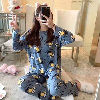 Есенни тънки комплекти пижами от 2 части Дамски комплекти памучни пижами с кръгло деколте 2022 г. Чаша за котка Пълно спално облекло Дрехи Горнища за сън