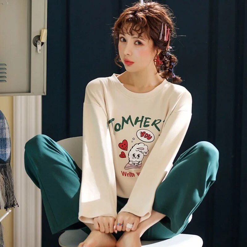 Rudeninis plonas 2 dalių pižamų rinkinys, moteriškas 2022 m. medvilninis mergaičių pižamų rinkinys arbatos puodelio katės pilnas miegui skirtas drabužis miegui