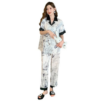 Дамски луксозни пижами Тънки пижами Дамско спално облекло Елегантни дамски комплекти пижами от изкуствена коприна с ревери Пижами с къс ръкав и дълги панталони