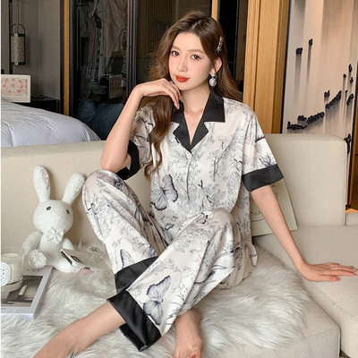Ženske luksuzne pidžame Tanke pidžame Ženska spavaćica Elegantne ženske pidžame od umjetne svile s reverima Kratki rukavi Pidžame s dugim hlačama