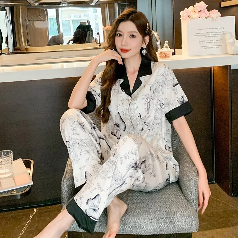 Ženske luksuzne pidžame Tanke pidžame Ženska spavaćica Elegantne ženske pidžame od umjetne svile s reverima Kratki rukavi Pidžame s dugim hlačama