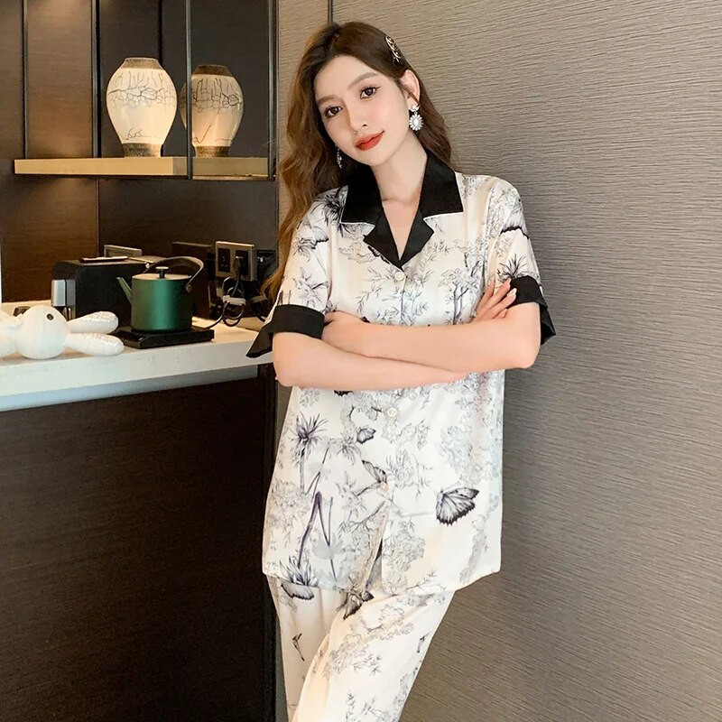 Ženske luksuzne pidžame Tanke pidžame Ženska spavaćica Elegantne ženske pidžame od umjetne svile s reverima Kratki rukavi Pidžame s dugim hlačama