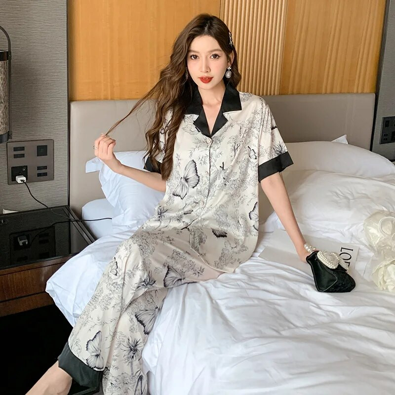 Ženske luksuzne pidžame Tanke pidžame Ženska spavaćica Elegantne ženske pidžame od umjetne svile s reverima Kratki rukavi Pidžame s dugim hlačama