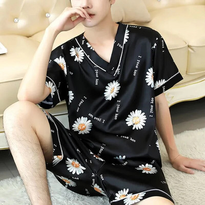 Meeste satiinist T-särk Meeste V-kaelusega lühikeste varrukatega vabaaja T-särk lahtised pidžaamatopsid Trükitud Salongirõivad Magamisriided T-särgid Topid