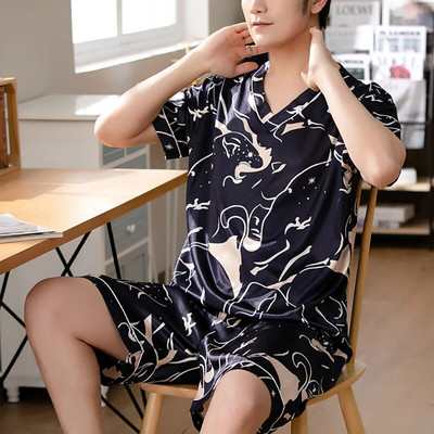 Meeste satiinist T-särk Meeste V-kaelusega lühikeste varrukatega vabaaja T-särk lahtised pidžaamatopsid Trükitud Salongirõivad Magamisriided T-särgid Topid