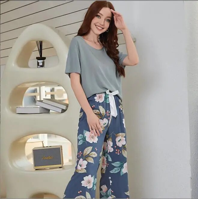 Kvėpuojantis 2 vnt pižamos trumpomis rankovėmis spausdinta Pijama Mujer Femme laisvas naktinių drabužių kostiumas moteriškas laisvalaikio namų pižamų rinkinys moterims