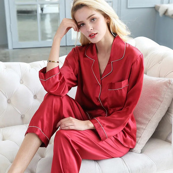 SUO&CHAO S-8XL Плюс размер Дамски комплект пижами от копринен сатен за дамски сън Комплект от две части Едноцветен свободен ежедневен спално облекло