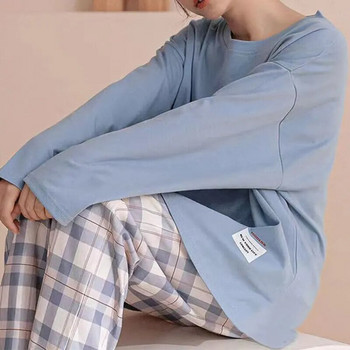 Дамска пижама Спално облекло Нощно облекло Син L XL XXL Ежедневен костюм с дълги ръкави и кариран панталон