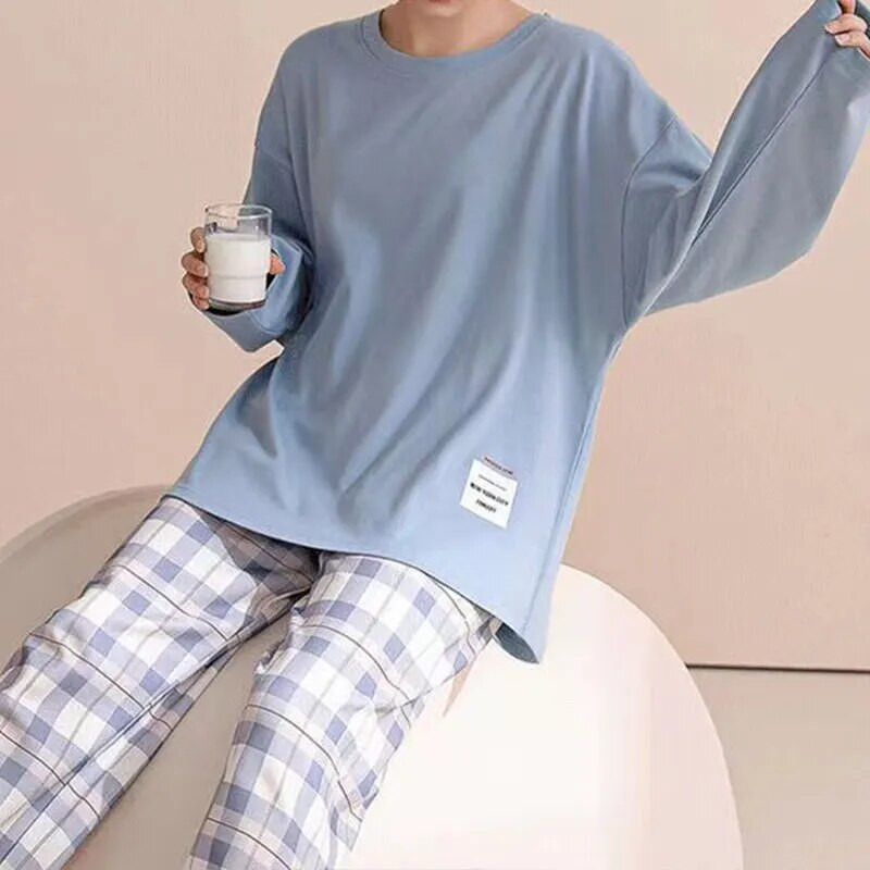 Moteriškos pižamos miegui skirti naktiniai drabužiai Mėlyna L XL XXL Ilgomis rankovėmis ir languota kelnių kostiumėlis laisvalaikis