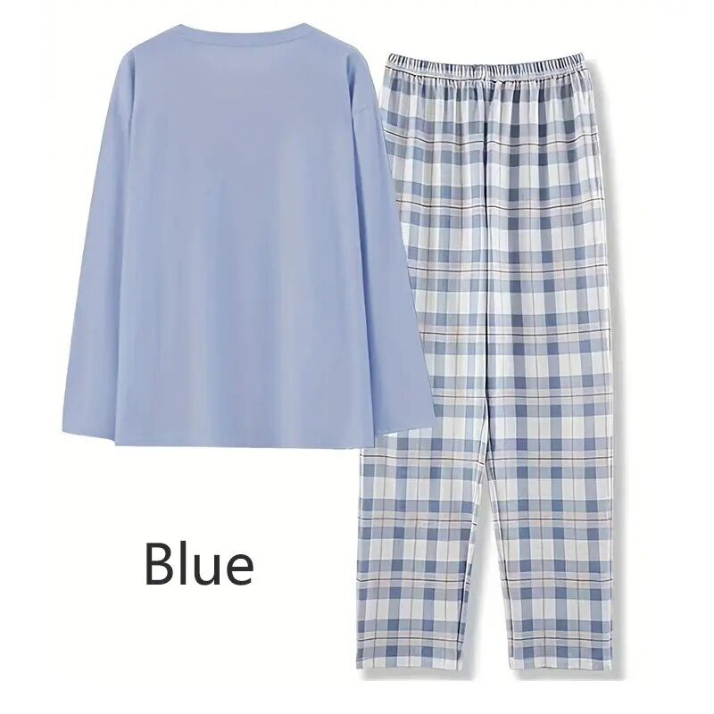 Moteriškos pižamos miegui skirti naktiniai drabužiai Mėlyna L XL XXL Ilgomis rankovėmis ir languota kelnių kostiumėlis laisvalaikis