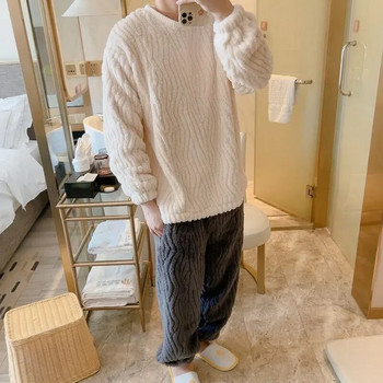 2 зимни домашно облекло с дебели цветни ръкави от руно Мъжки пижами Пижами Модни комплекти Дълги комплекти Коралово деколте Едноцветен свободен комплект Топъл