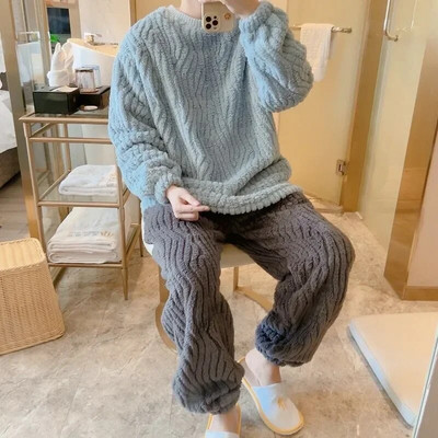 2 Talvised koduriided Paksu värvi varrukatega fliis Meeste pidžaama pidžaama moekomplektid pikad komplektid korallkaelus, tahke lahtine komplekt, soe