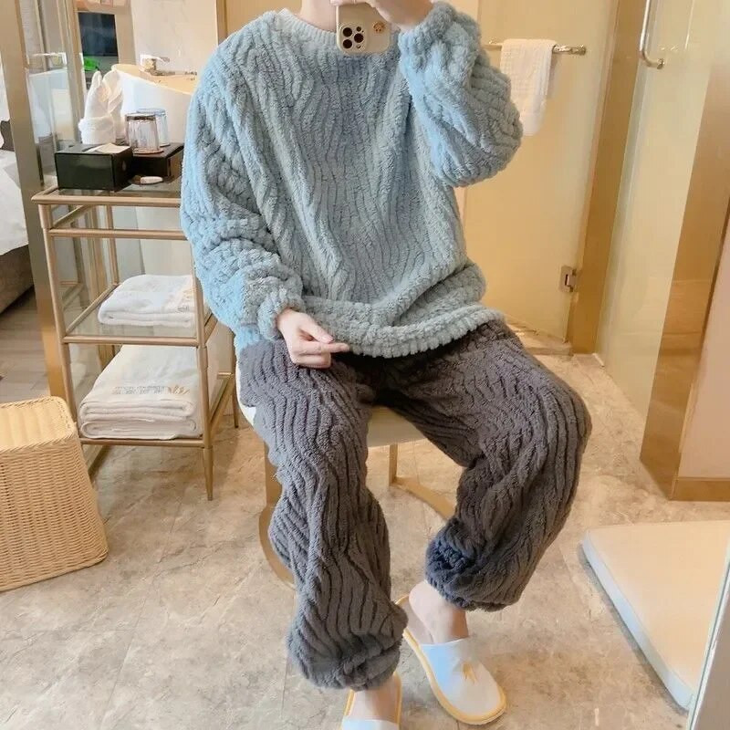 2 Talvised koduriided Paksu värvi varrukatega fliis Meeste pidžaama pidžaama moekomplektid pikad komplektid korallkaelus, tahke lahtine komplekt, soe