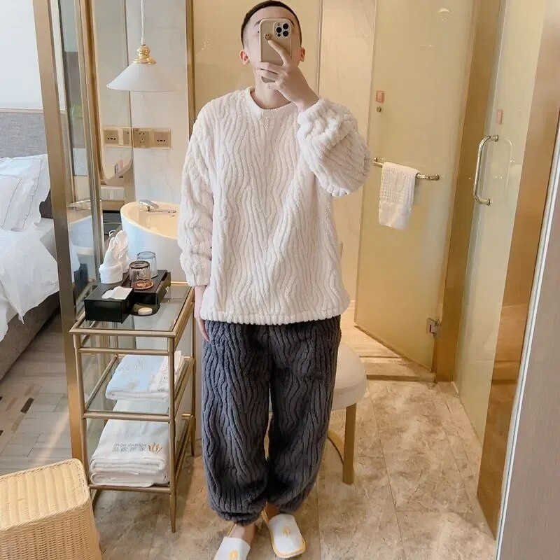 2 Talvised koduriided Paksu värvi varrukatega fliis Meeste pidžaama pidžaama moekomplektid pikad komplektid korallkaelus, tahke lahtine komplekt, soe