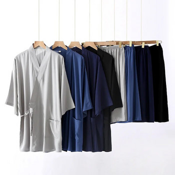 Летни комплекти от 2 бр. Мъжки тънки комплекти дрехи от коприна в японски стил, плътно кимоно, памучно облекло за пара, комплект пижами, мъжки халат за баня, нощница