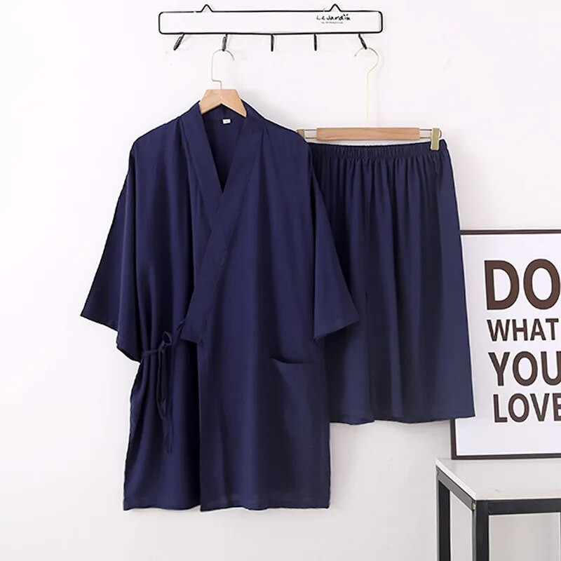 Suvine 2 tk Jaapani stiilis meeste viskoosist õhukesed rõivakomplektid, massiivne kimonopuuvillane aurav riietus pidžaamakomplekt meeste hommikumantli öösärk