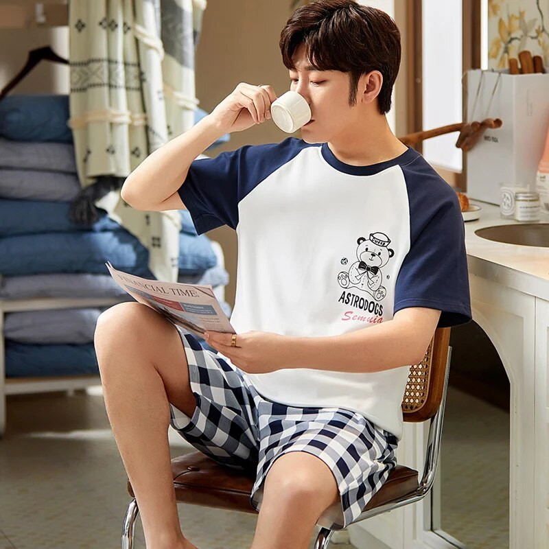 Sleepware Ανδρικά βαμβακερά νυχτικά Plus μέγεθος L-3XL Σετ Πυτζάμες Ανδρικά Ενδύματα σπιτιού 2 τεμαχίων Σετ Leisure Loungear Ανδρικά νυχτερινά ρούχα