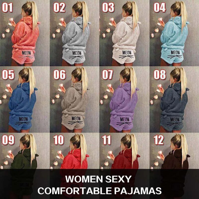 Φθινοπωρινό χειμωνιάτικο γυναικείο κοστούμι πιτζάμες γούνινο μακρυμάνικο πυζά φανελένια ζεστά βελούδινα χαριτωμένα μπλουζάκια και σορτς ύπνου
