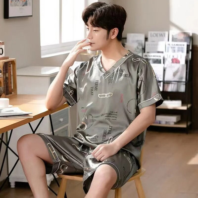 Nova ljetna muška pidžama Svileni satenski pulover Kratke hlače Dvodijelni komplet spavaćica Muška pidžama Kućna odjeća Noćna odjeća Muškarci Sleep Lounge