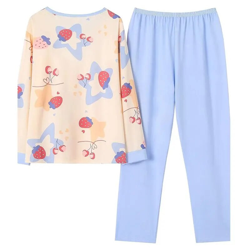 Moteriškos pižamos miegui skirti naktiniai drabužiai Mėlyna L XL XXL Animacinių filmų spausdinimas ilgomis rankovėmis ir laisvalaikio kelnės