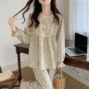 Дантелено спално облекло Дамски комплект пижами за дома Флорални ретро панталони с дълъг ръкав Костюм от 2 части Пролетни волани Корейски нощни облекла с О-образно деколте