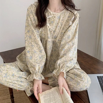Дантелено спално облекло Дамски комплект пижами за дома Флорални ретро панталони с дълъг ръкав Костюм от 2 части Пролетни волани Корейски нощни облекла с О-образно деколте