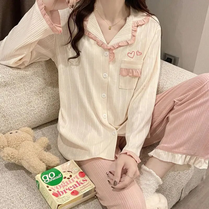 Ruffles Sleepwear Moteriški pižamų rinkiniai Patchwork ilgų kelnių kostiumas, 2 dalių Piiama korėjietiško stiliaus pilnomis rankovėmis rudens kišeniniai naktiniai drabužiai