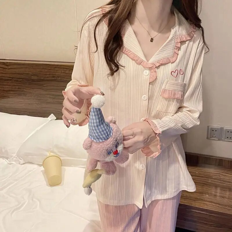 Ruffles Sleepwear Moteriški pižamų rinkiniai Patchwork ilgų kelnių kostiumas, 2 dalių Piiama korėjietiško stiliaus pilnomis rankovėmis rudens kišeniniai naktiniai drabužiai