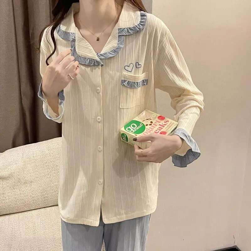 Ruffles Sleepwear Moteriški pižamų rinkiniai Patchwork ilgų kelnių kostiumas, 2 dalių Piiama korėjietiško stiliaus pilnomis rankovėmis rudens kišeniniai naktiniai drabužiai