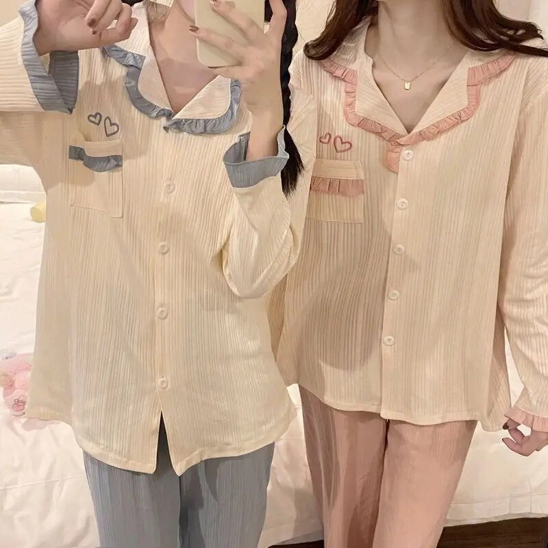 Ruffles Sleepwear Moteriški pižamų rinkiniai Patchwork ilgų kelnių kostiumas, 2 dalių Piiama korėjietiško stiliaus pilnomis rankovėmis rudens kišeniniai naktiniai drabužiai