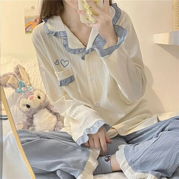 Пачуърк летни пижами за жени Дълги панталони Спално облекло с пълен ръкав с волани Комплекти пижами Костюм 2 части Piiama Корейски нощни облекла
