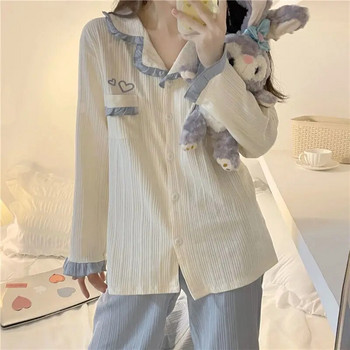 Пачуърк летни пижами за жени Дълги панталони Спално облекло с пълен ръкав с волани Комплекти пижами Костюм 2 части Piiama Корейски нощни облекла