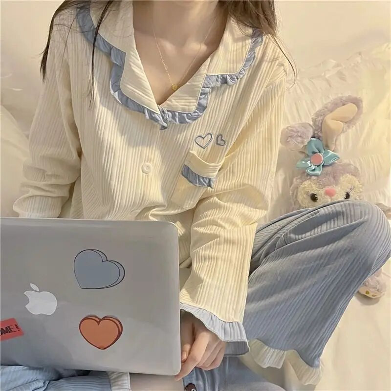 Patchwork ljetne pidžame za žene Duge hlače Pidžama Kompleti pidžama punih rukava s volanima Odijelo 2-dijelna piiama korejska noćna odjeća