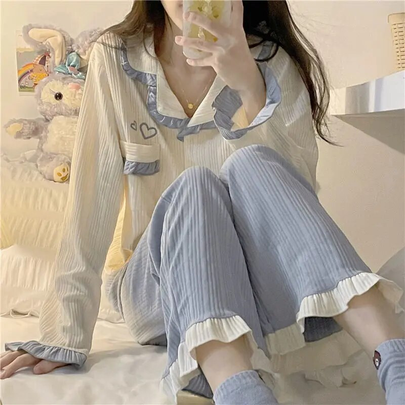 Patchwork ljetne pidžame za žene Duge hlače Pidžama Kompleti pidžama punih rukava s volanima Odijelo 2-dijelna piiama korejska noćna odjeća