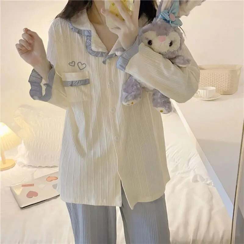 Patchwork ljetne pidžame za žene Duge hlače Pidžama Kompleti pidžama punih rukava s volanima Odijelo 2-dijelna piiama korejska noćna odjeća