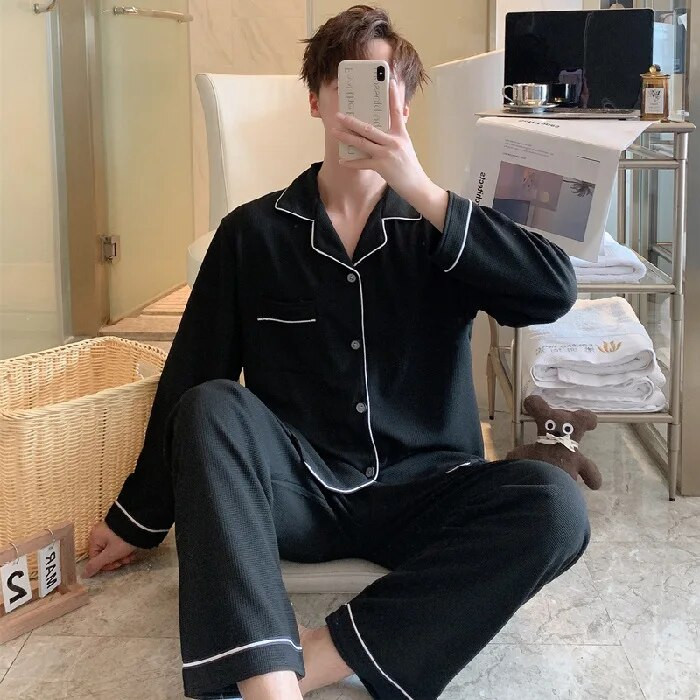 Muški komplet pidžama od mekog vafla, 2 komada, spavaća soba, kućna odjeća, hlače dugih rukava, modna kućna noćna odjeća za muškarce