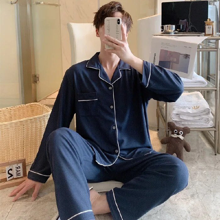 Muški komplet pidžama od mekog vafla, 2 komada, spavaća soba, kućna odjeća, hlače dugih rukava, modna kućna noćna odjeća za muškarce