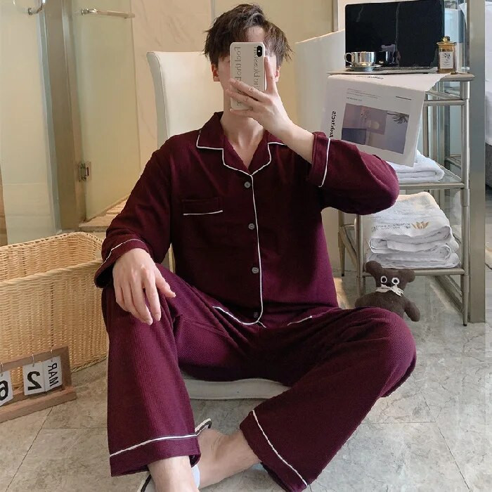 Muški komplet pidžama od mekog vafla, 2 komada, spavaća soba, kućna odjeća, hlače dugih rukava, modna kućna noćna odjeća za muškarce