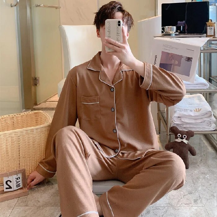 Muški komplet pidžama od mekog vafla, 2 komada, spavaća soba, kućna odjeća, hlače dugih rukava, modna kućna noćna odjeća za muškarce