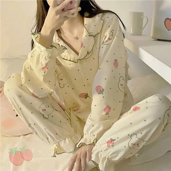Комплект дамски пижами Strawberry за дома Спално облекло с волани Костюм с панталон с дълъг ръкав 2 части Есенни копчета Нощни облекла в корейски стил