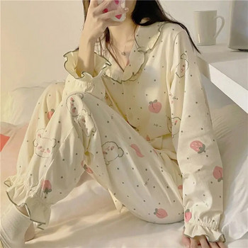 Комплект дамски пижами Strawberry за дома Спално облекло с волани Костюм с панталон с дълъг ръкав 2 части Есенни копчета Нощни облекла в корейски стил