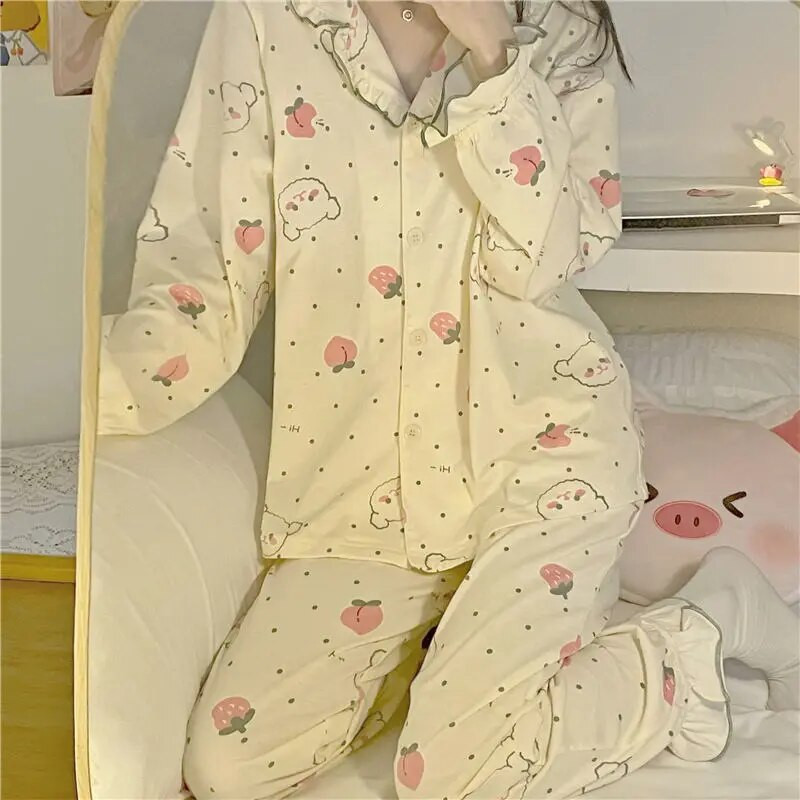 Strawberry Ženska pidžama Set za dom Odjeća za spavanje s volanima Odijelo s hlačama dugih rukava 2 komada Jesenska noćna odjeća s gumbima u korejskom stilu